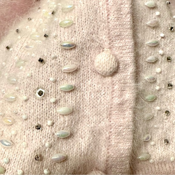 Sostanza Vintage Angora Rabbit Hair Beaded Soft Pale Pink Button Front Cardigan - Picture 5 of 10